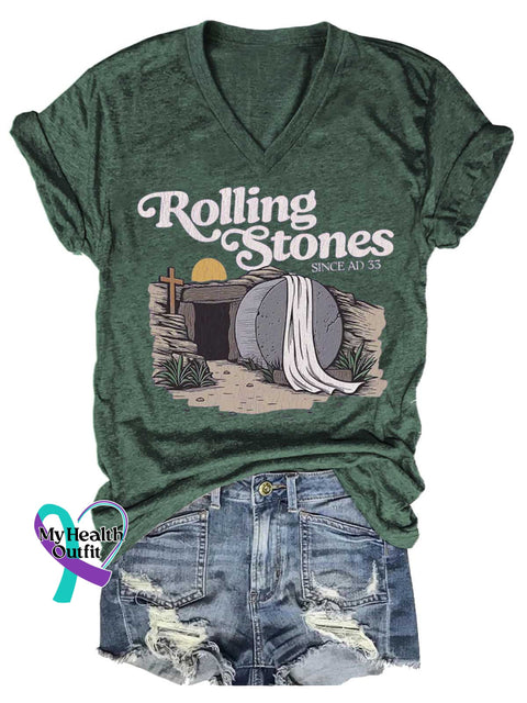 Women’s Rolling Stones SINCE AD 33 V-neck Casual T-Shirt Green / S
