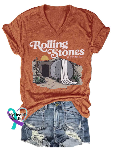 Women’s Rolling Stones SINCE AD 33 V-neck Casual T-Shirt Orange / S