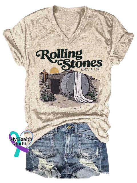Women’s Rolling Stones SINCE AD 33 V-neck Casual T-Shirt Sand / S
