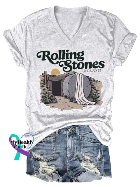 Women’s Rolling Stones SINCE AD 33 V-neck Casual T-Shirt White / S