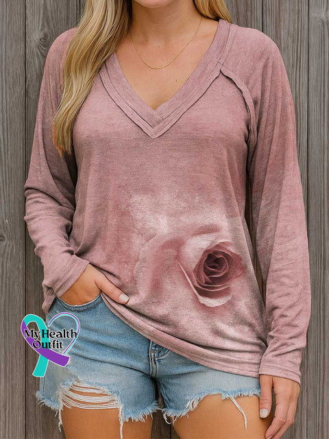 Women’s Rose Breast Cancer Awareness Print Casual V Neck Long Sleeve Tops Multicolor / S