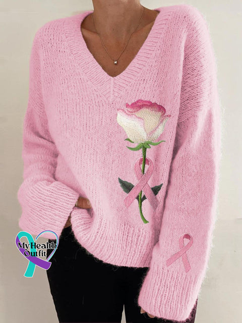 Women’s Rose With Pink Ribbon Breast Cancer Awareness Casual V-Neck Pullover Knit / M