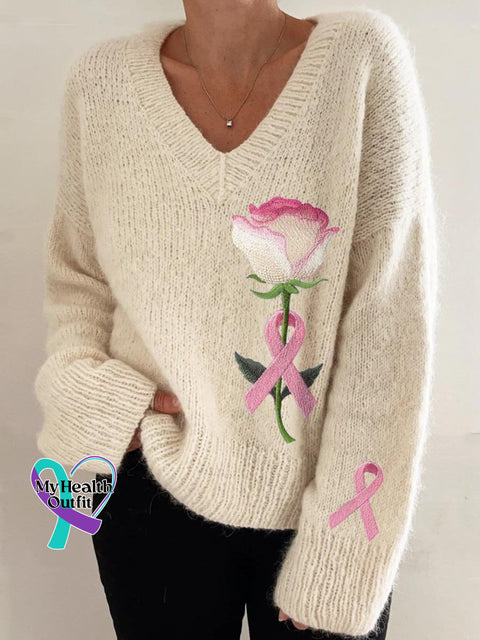 Women’s Rose With Pink Ribbon Breast Cancer Awareness Casual V-Neck Pullover Knit White / M