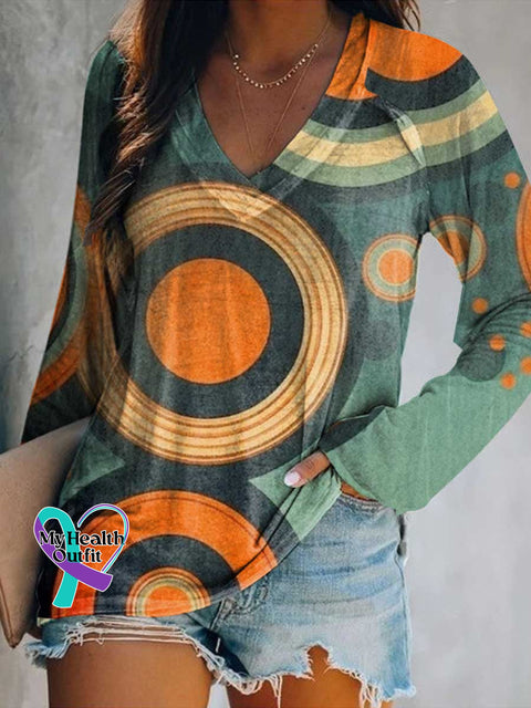 Women’s Round Print Casual V Neck Long Sleeve Tops Multicolor / S