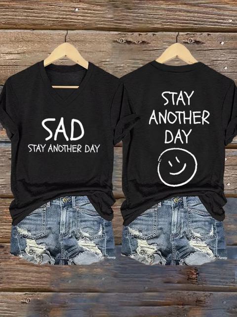 Women’s SAD STAY ANOTHER DAY V-neck Casual T-Shirt Black / S