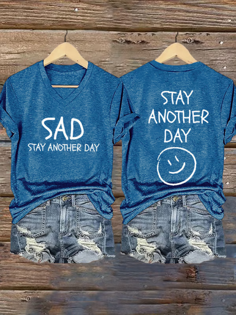 Women’s SAD STAY ANOTHER DAY V-neck Casual T-Shirt Blue / S