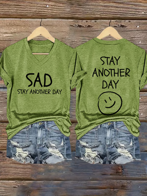 Women’s SAD STAY ANOTHER DAY V-neck Casual T-Shirt Green / S