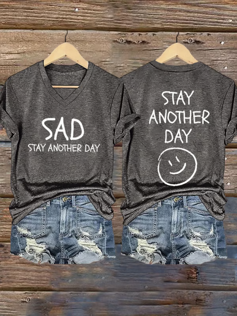Women’s SAD STAY ANOTHER DAY V-neck Casual T-Shirt Grey / S