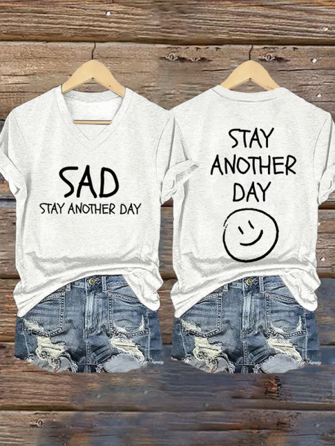 Women’s SAD STAY ANOTHER DAY V-neck Casual T-Shirt White / S