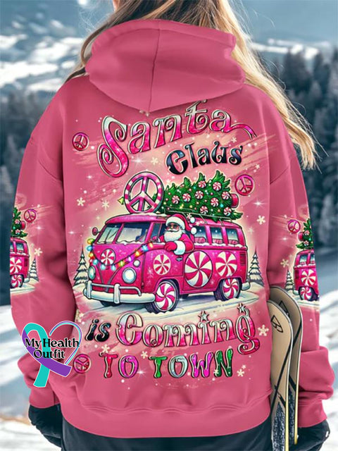 Women’s Santa Claus Is Coming Christmas All Over Print Casual Hoodie Sweatshirt Multicolor / S