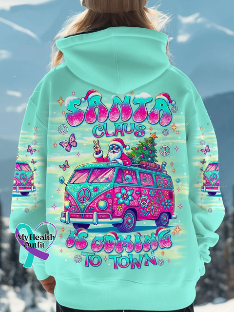 Women’s Santa Claus Is Coming Christmas All Over Print Casual Hoodie Sweatshirt Multicolor / S