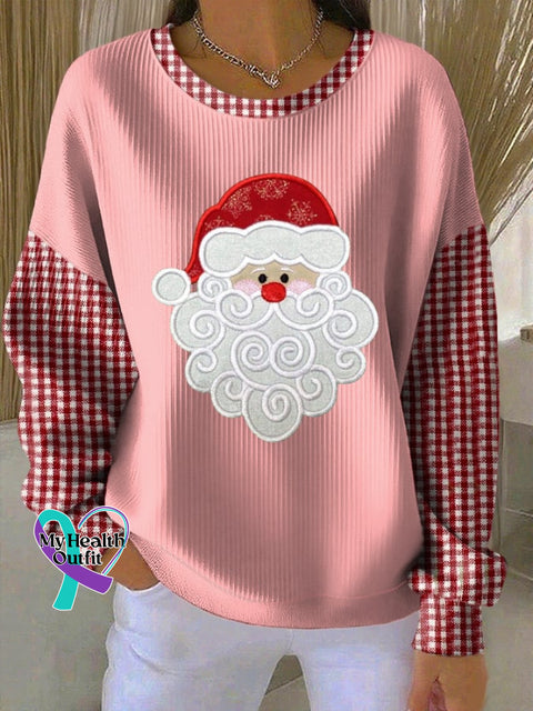 Women’s Santa Claus Print Knitted Crew Neck Long Sleeve Top Pink / S