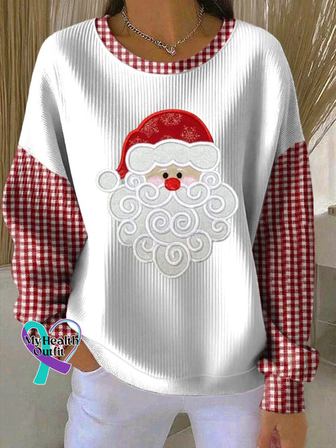 Women’s Santa Claus Print Knitted Crew Neck Long Sleeve Top White / S