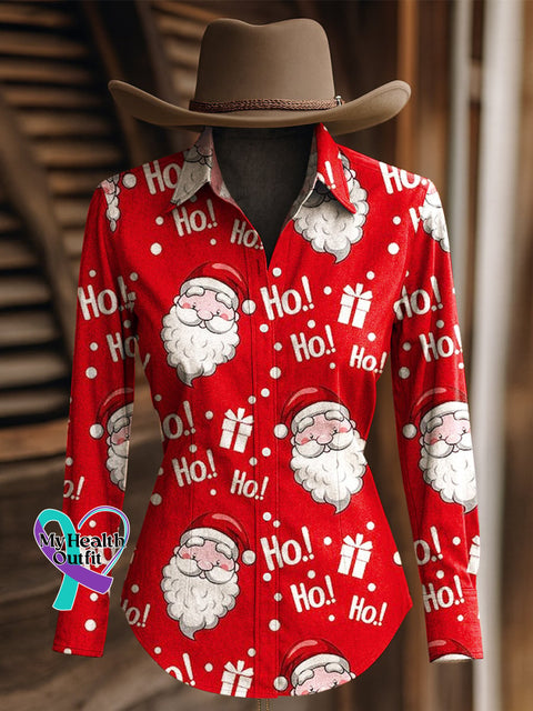 Women’s Santa Print Christmas Western Long Sleeve Shirt As shown / XS