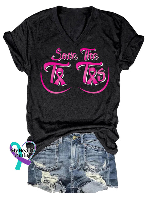 Women’s Save The Tatas Breast Cancer Awareness V neck Casual T Shirt Black / S