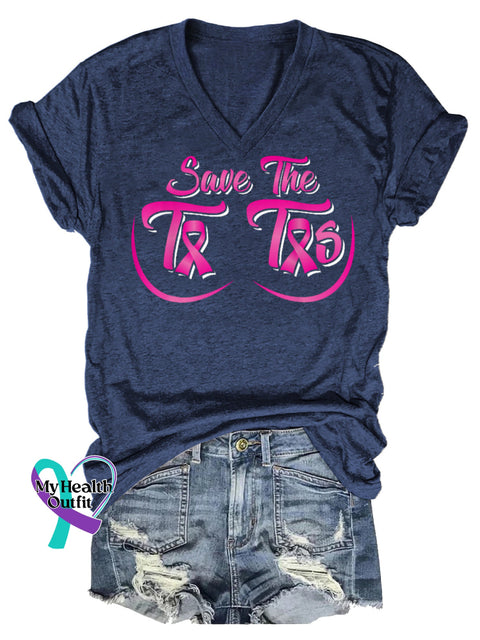 Women’s Save The Tatas Breast Cancer Awareness V neck Casual T Shirt Blue / S