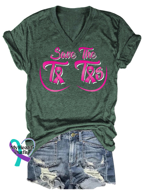 Women’s Save The Tatas Breast Cancer Awareness V neck Casual T Shirt Green / S