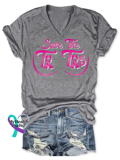 Women’s Save The Tatas Breast Cancer Awareness V neck Casual T Shirt Grey / S
