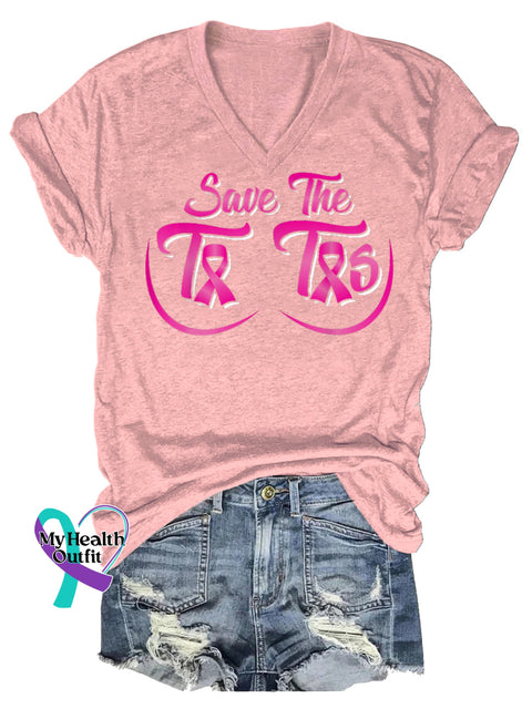Women’s Save The Tatas Breast Cancer Awareness V neck Casual T Shirt LightPink / S