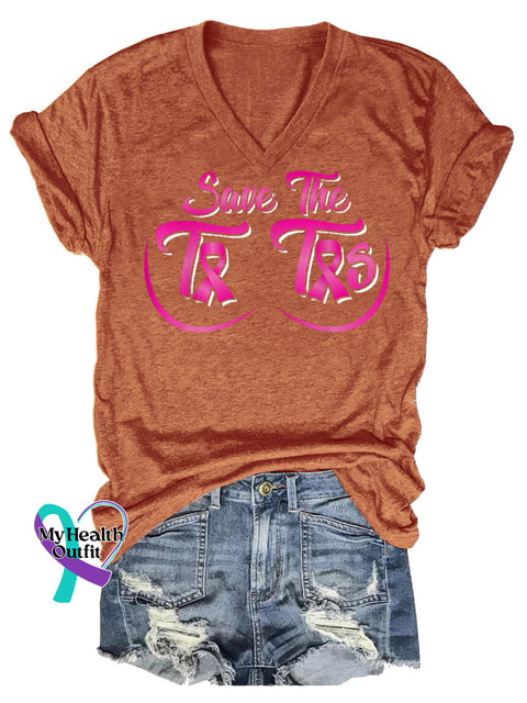 Women’s Save The Tatas Breast Cancer Awareness V neck Casual T Shirt Orange / S