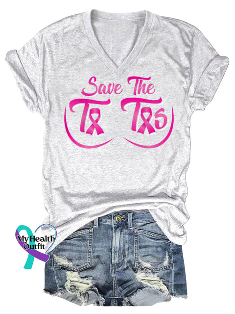 Women’s Save The Tatas Breast Cancer Awareness V neck Casual T Shirt White / S