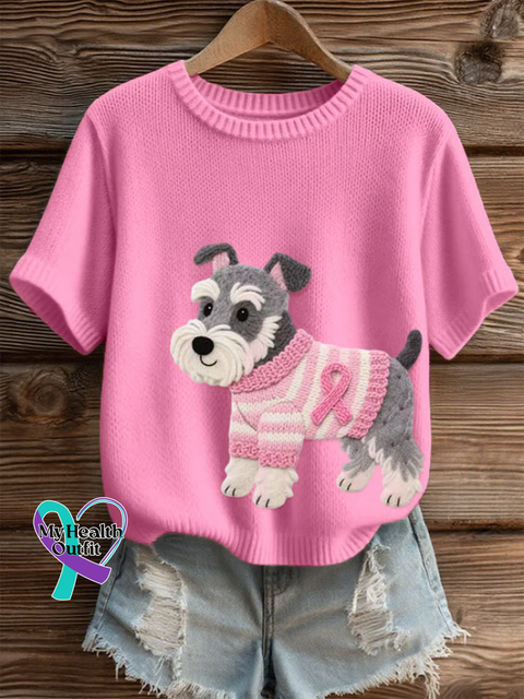 Women’s Schnauzer Breast Cancer Awareness Print Casual Crew Neck Short Sleeve Knitted Sweater Multicolor / S