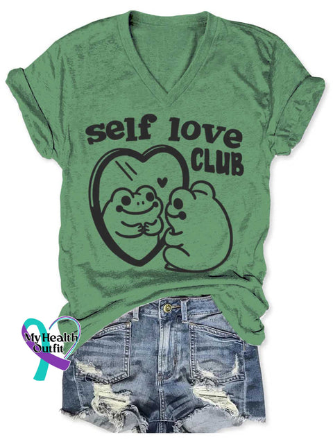 Women’s Self Love Club Art V neck Casual T Shirt Green / S