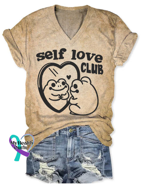 Women’s Self Love Club Art V neck Casual T Shirt Khaki / S