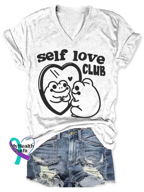 Women’s Self Love Club Art V neck Casual T Shirt White / S