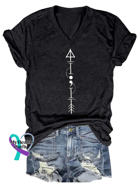 Women’s Semicolon Arrow Mental Health Awareness V-neck Casual T-Shirt Black / S