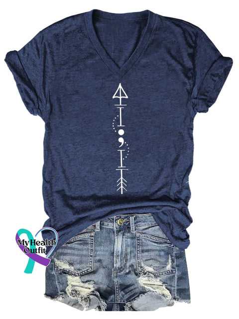Women’s Semicolon Arrow Mental Health Awareness V-neck Casual T-Shirt Blue / S