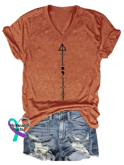 Women’s Semicolon Arrow Mental Health Awareness V-neck Casual T-Shirt Orange / S