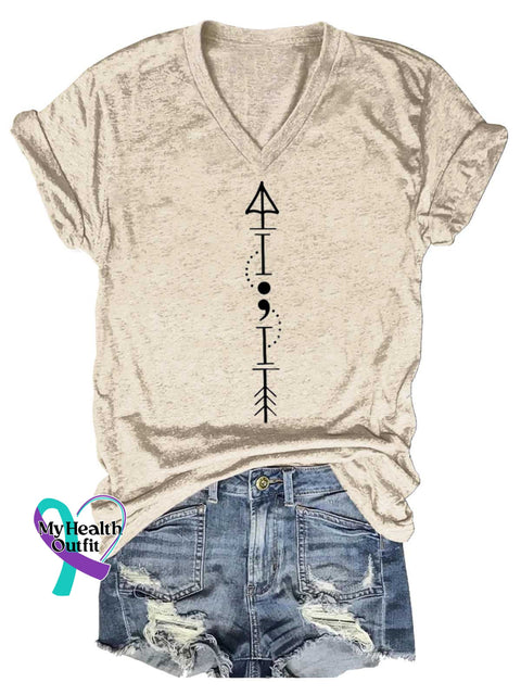 Women’s Semicolon Arrow Mental Health Awareness V-neck Casual T-Shirt Sand / S