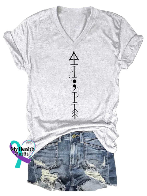 Women’s Semicolon Arrow Mental Health Awareness V-neck Casual T-Shirt White / S