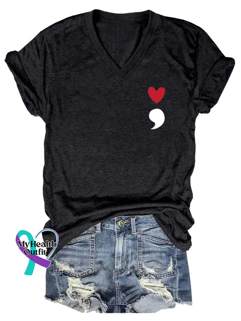 Women’s Semicolon Mental Health Awareness V-neck Casual T-Shirt Black / S