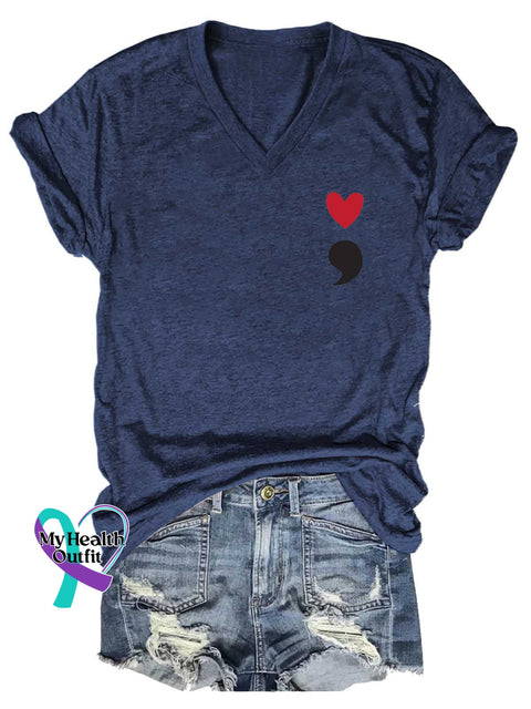 Women’s Semicolon Mental Health Awareness V-neck Casual T-Shirt Blue / S