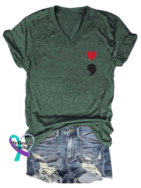 Women’s Semicolon Mental Health Awareness V-neck Casual T-Shirt Green / S