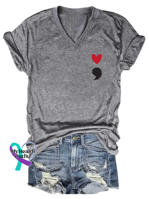 Women’s Semicolon Mental Health Awareness V-neck Casual T-Shirt Grey / S