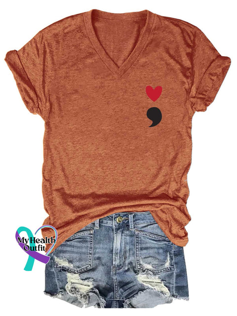Women’s Semicolon Mental Health Awareness V-neck Casual T-Shirt Orange / S