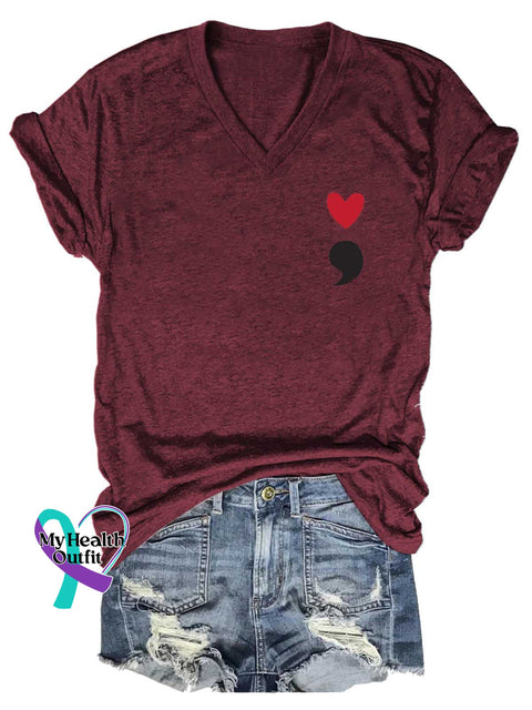 Women’s Semicolon Mental Health Awareness V-neck Casual T-Shirt Red / S