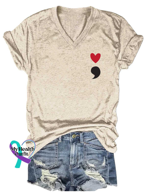 Women’s Semicolon Mental Health Awareness V-neck Casual T-Shirt Sand / S