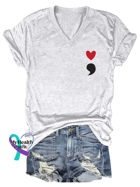 Women’s Semicolon Mental Health Awareness V-neck Casual T-Shirt White / S
