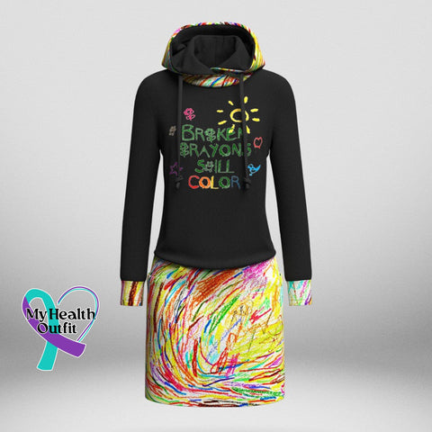 Women’s Shattered Crayons Still Colorful Long Sleeve Hooded Knit Dress With Pockets Black / S