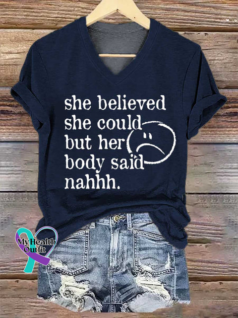 Women’s She Believed She Could But Her Body Said Nahhh. V-neck Casual T-Shirt Blue / S