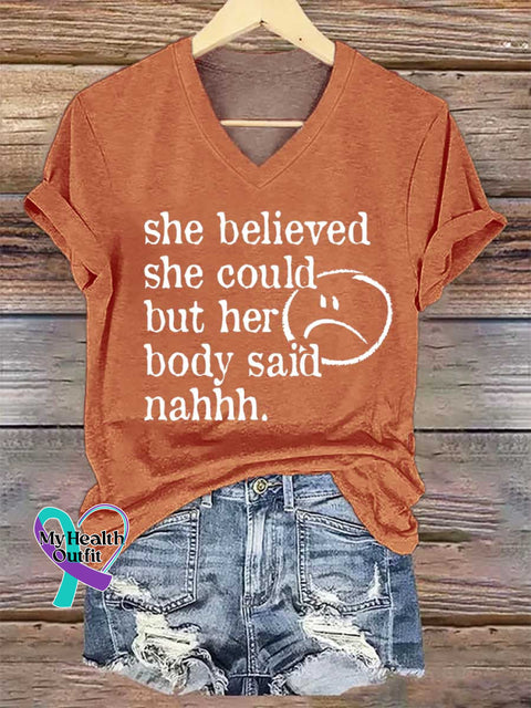 Women’s She Believed She Could But Her Body Said Nahhh. V-neck Casual T-Shirt Orange / S