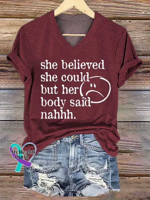 Women’s She Believed She Could But Her Body Said Nahhh. V-neck Casual T-Shirt Red / S