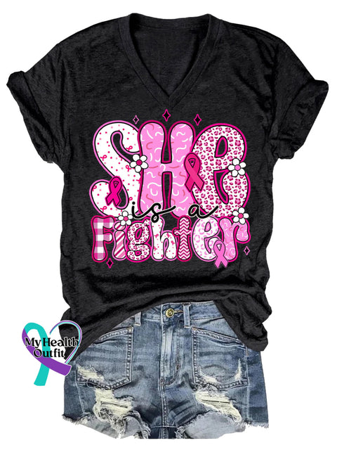 Women’s She Is A Fighter Breast Cancer Awareness V neck Casual T Shirt Black / S