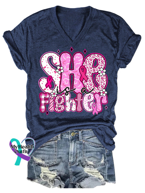 Women’s She Is A Fighter Breast Cancer Awareness V neck Casual T Shirt Blue / S