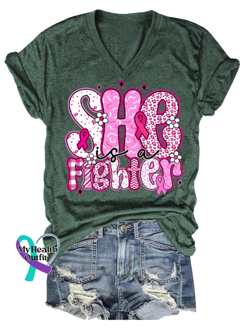 Women’s She Is A Fighter Breast Cancer Awareness V neck Casual T Shirt Green / S