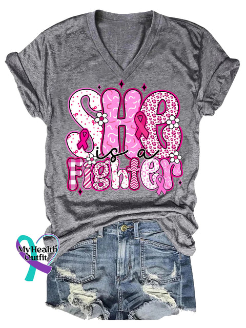 Women’s She Is A Fighter Breast Cancer Awareness V neck Casual T Shirt Grey / S